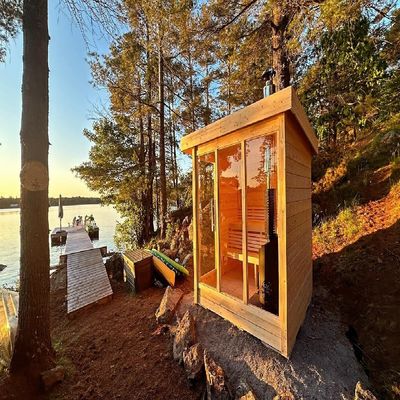 Wooden Far Infrared Sauna for 2-4 Person with Panoramic Tempered Glass Door & Temperature Adjustable