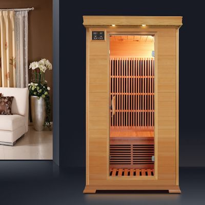 Wooden Far Infrared Sauna Room with Carbon Fiber Heating Panels and Panoramic Tempered Glass Door