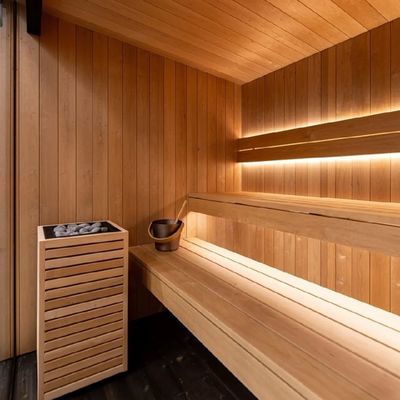 Wooden Far Infrared Sauna Room with Carbon Fiber Heating Panels and Panoramic Tempered Glass Door