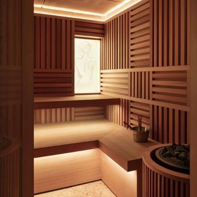 Wooden Far Infrared Sauna Room with Carbon Fiber Heating Panels and Panoramic Tempered Glass Door